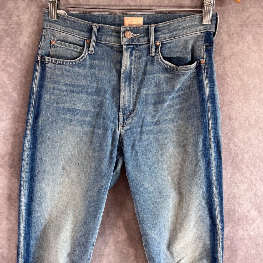 MOTHER Stunner Zip Ankle Step Fray Jeans Womens 27 Blue Light Kitty Racer Stripe - Picture 2 of 12